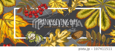 Thanksgiving Day invitation card, hand drawn vector illustrations. Thanksgiving Day invitation card, hand drawn vector illustrations. 107411511