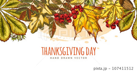Hand drawn autumn banner with leaves, vector seamless border on white. 107411512