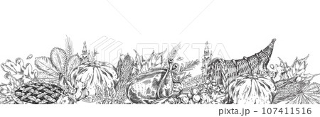 Thanksgiving Day, seamless vector border in sketch style, fall design. 107411516