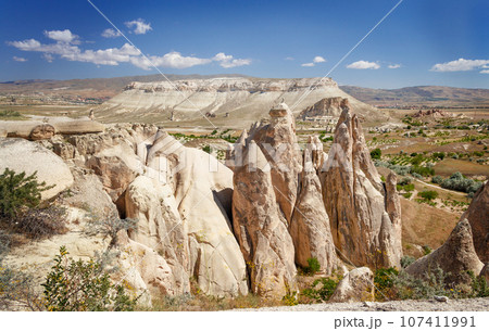 Unique geological rock formations Fairy Chimneys in Cappadocia. Popular touristic area in Turkey Unique geological rock formations Fairy Chimneys in Cappadocia. Popular touristic area in Turkey 107411991
