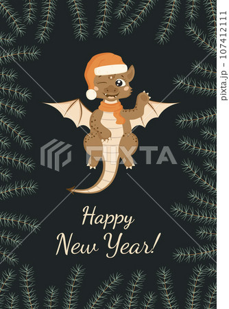 Christmas card in cartoon style. A cute dragon in a Santa Claus hat and scarf smiles and waves his paw. A little dinosaur. A frame made of fir twigs. Happy New Year! Christmas card in cartoon style. A cute dragon in a Santa Claus hat and scarf smiles and waves his paw. A little dinosaur. A frame made of fir twigs. Happy New Year! 107412111