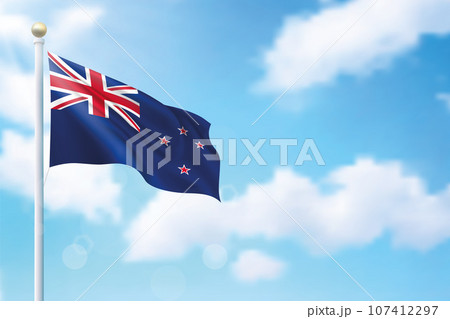 Waving flag of New Zealand on sky background. Template for independence Waving flag of New Zealand on sky background. Template for independence 107412297