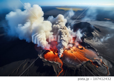 Aerial top view of a massive volcano eruption. Aerial top view of a massive volcano eruption. 107412432