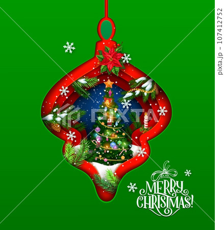 Christmas paper cut bauble with pine tree double exposition. Vector 3d effect frame in shape of Xmas toy with red poinsettia flower, green spruce tree branches, snowflakes, candy cane, candle and star 107412752