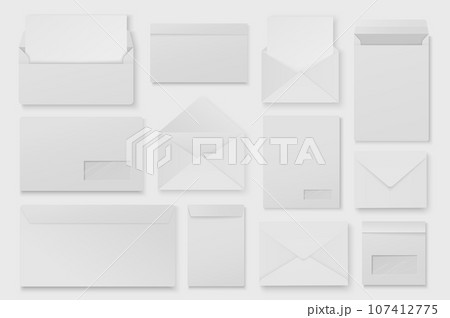 White envelopes mega set in 3d realistic design. Bundle elements of different formats of closed and open mail envelope mockups for documents and letters. Vector illustration isolated graphic objects 107412775