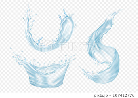 Water splashes mega set in 3d realistic design. Bundle elements of blue liquid fluids with drops in crown or swirling forms on transparent background. Vector illustration isolated graphic objects Water splashes mega set in 3d realistic design. Bundle elements of blue liquid fluids with drops in crown or swirling forms on transparent background. Vector illustration isolated graphic objects 107412776