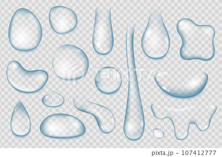 Water drops mega set in 3d realistic design. Bundle elements of different types of rain droplets, pure condensation, tear and fresh dew on transparent. Vector illustration isolated graphic objects Water drops mega set in 3d realistic design. Bundle elements of different types of rain droplets, pure condensation, tear and fresh dew on transparent. Vector illustration isolated graphic objects 107412777