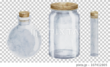 Set of empty Glass Jars. Watercolor illustration of a transparent containers with cork. Hand drawn clip art of Bottle on isolated background. Drawing of beaker and flask. Sketch of glassware. Set of empty Glass Jars. Watercolor illustration of a transparent containers with cork. Hand drawn clip art of Bottle on isolated background. Drawing of beaker and flask. Sketch of glassware. 107412805