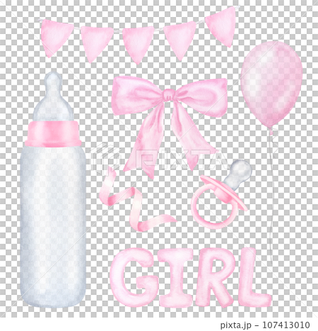 Set for newborn girl, pink flags, milk bottle, pacifier, bow, balloon. Hand drawn watercolor illustration isolated on white background. Gender reveal party, baby shower, newborn, children's design 107413010