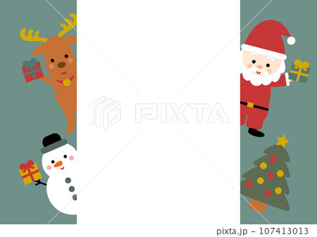 クリスマスのフレームイラスト: プレゼントを持つサンタとトナカイと雪だるま 107413013
