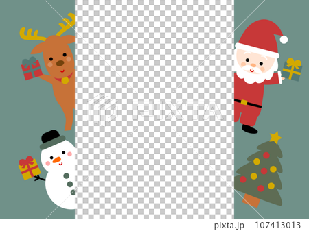 クリスマスのフレームイラスト: プレゼントを持つサンタとトナカイと雪だるま 107413013