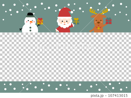 クリスマスのフレームイラスト: プレゼントを持つサンタとトナカイと雪だるま 107413015