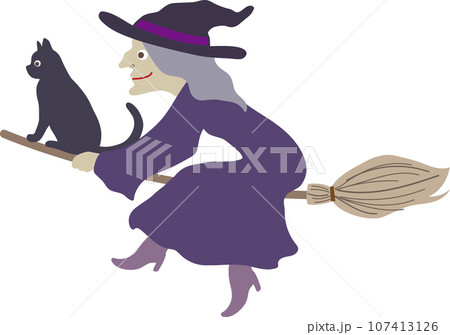 紫の服で黒猫と箒に乗って空を飛ぶ悪い魔女のかわいいおしゃれなベクターイラスト 107413126