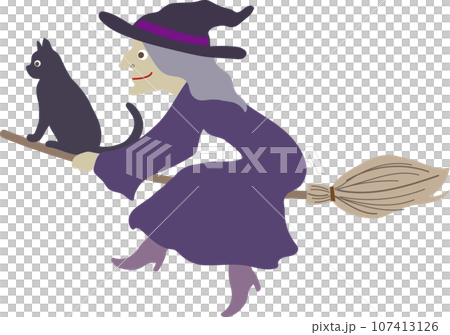 可愛時尚的矢量插圖，一隻穿著紫色衣服的黑貓和一個騎著掃帚在天空中飛翔的壞女巫 107413126