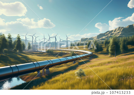 Windmills for electric power and hydrogen production plant. Renewable energy source 107413233