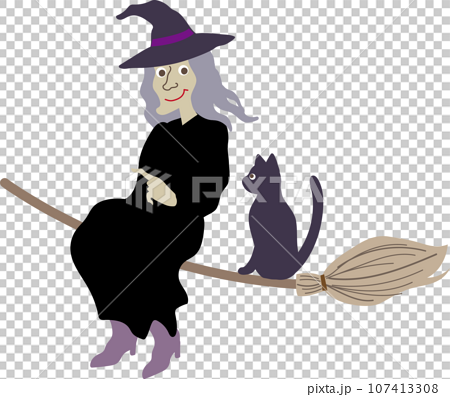 黒い服で黒猫と箒に乗って空を飛ぶ悪い魔女のかわいいおしゃれなベクターイラスト 左向き 107413308