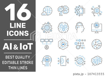 Artificial Intelligence and IoT thin icons set. AI, Iot, IIoT, Factory 4.0. Binary Code, Robot, Microchip, Smart Brain and other icons. Editable Stroke Artificial Intelligence and IoT thin icons set. AI, Iot, IIoT, Factory 4.0. Binary Code, Robot, Microchip, Smart Brain and other icons. Editable Stroke 107413555