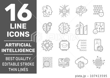 Set of AI, IoT and machine learning line icons. Simple pictograms pack. Modern icons collection in outline style. Vector illustration on a white background. EPS 10 107413595