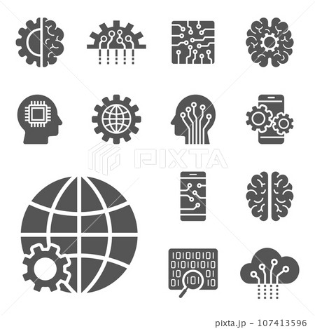 AI and IoT icons set. Symbols in flat outline design. EPS10. AI and IoT icons set. Symbols in flat outline design. EPS10. 107413596