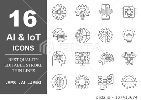 AI and IoT. Artificial intelligence icons set. Editable Stroke. EPS 10 107413674