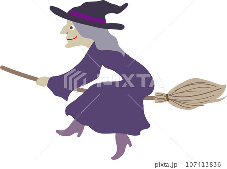 紫の服で箒に乗って空を飛ぶ悪い魔女のかわいいおしゃれなベクターイラスト 107413836
