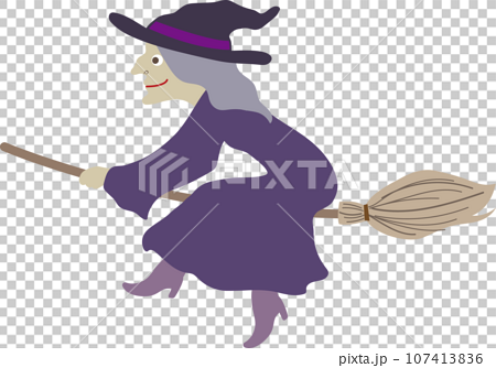 紫の服で箒に乗って空を飛ぶ悪い魔女のかわいいおしゃれなベクターイラスト 107413836