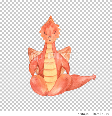 Cute cartoon Dragon sitting in lotus pose. Animal meditation. Colored Dragon practicing fitness exercises. Watercolor illustration. For design of yoga center, spa, label, poster 107413959