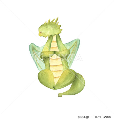 Green Dragon sitting in lotus pose. Animal meditation. Colored winged Dragon practicing fitness exercises. Watercolor illustration. For yoga center, spa, label, poster 107413960