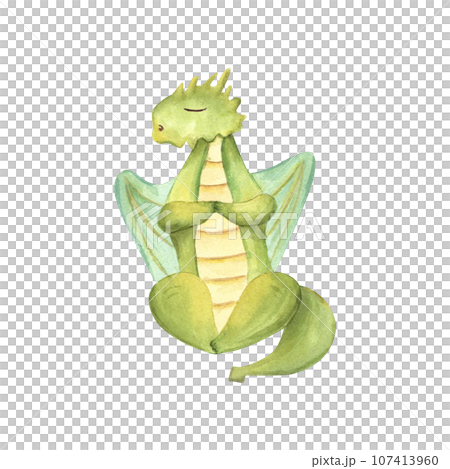 Green Dragon sitting in lotus pose. Animal meditation. Colored winged Dragon practicing fitness exercises. Watercolor illustration. For yoga center, spa, label, poster 107413960