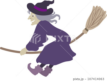紫の服で箒に乗って空を飛ぶ悪い魔女のかわいいおしゃれなベクターイラスト 左向き 107414063