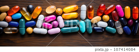 colored probiotic tablets in glass bottles 107414084