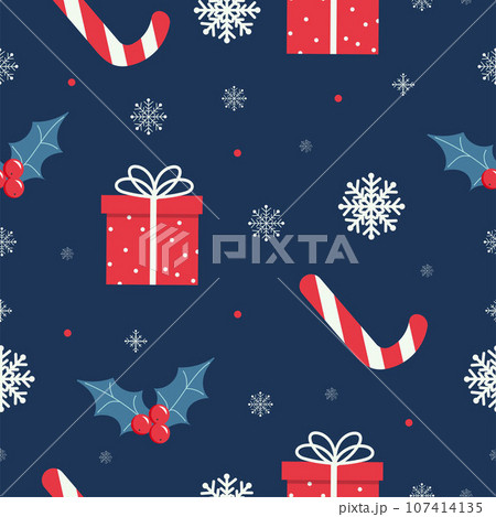 Seamless pattern with snowflakes, mistletoe, present box and candy cane. Christmas card on blue background. Vector illustration 107414135