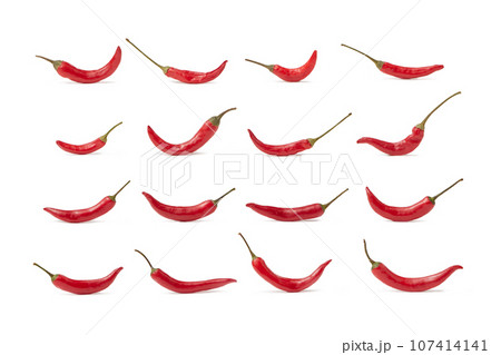 Red hot chili peppers arranged in rows on white background Red hot chili peppers arranged in rows on white background 107414141