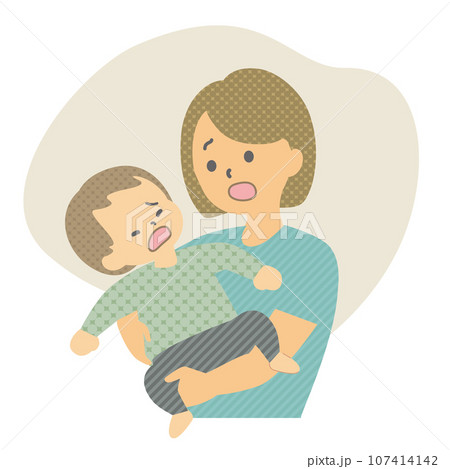 イラスト素材:駄々をこねる幼児を抱く母親 イラスト素材:駄々をこねる幼児を抱く母親 107414142