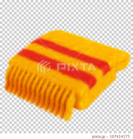 Warm fluffy cozy plaid or scarf with fringe 3d render illustration. Folded orange stripped soft blanket for autumn or winter design. Cartoon icon of wool puffy gentle rug or quilt. Warm fluffy cozy plaid or scarf with fringe 3d render illustration. Folded orange stripped soft blanket for autumn or winter design. Cartoon icon of wool puffy gentle rug or quilt. 107414175