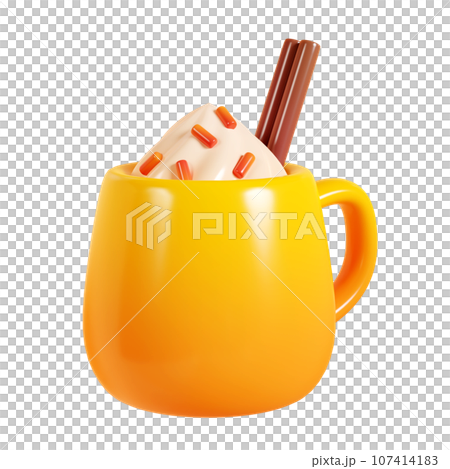 Cup with hot drink with cinnamon stick decorated with diary cream and sparkles. 3D render cartoon illustration of yellow mug with coffee and spice. Autumn or winter warm cozy design element. Cup with hot drink with cinnamon stick decorated with diary cream and sparkles. 3D render cartoon illustration of yellow mug with coffee and spice. Autumn or winter warm cozy design element. 107414183