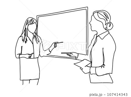 Woman in a business suit with a pointer in her hands stands near the blackboard. One line drawing vector illustration. Woman in a business suit with a pointer in her hands stands near the blackboard. One line drawing vector illustration. 107414343