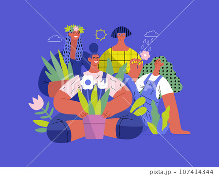 Greenery, ecology -modern flat vector concept illustration of people surrounded by plants and flowers. Metaphor of environmental sustainability and protection, closeness to nature Greenery, ecology -modern flat vector concept illustration of people surrounded by plants and flowers. Metaphor of environmental sustainability and protection, closeness to nature 107414344
