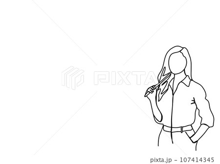 Woman in a business suit with a pointer in her hands stands near the blackboard. One line drawing vector illustration. 107414345