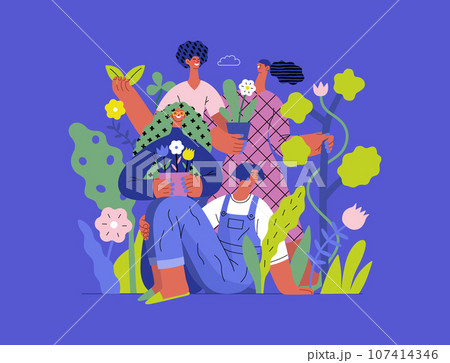 Greenery, ecology -modern flat vector concept illustration of people surrounded by plants and flowers. Metaphor of environmental sustainability and protection, closeness to nature 107414346