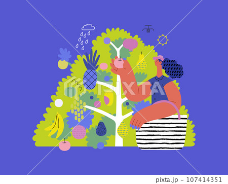 Greenery, ecology -modern flat vector concept illustration of a woman gathering fruit from the 40 fruit tree. Metaphor of environmental sustainability and protection, closeness to nature Greenery, ecology -modern flat vector concept illustration of a woman gathering fruit from the 40 fruit tree. Metaphor of environmental sustainability and protection, closeness to nature 107414351