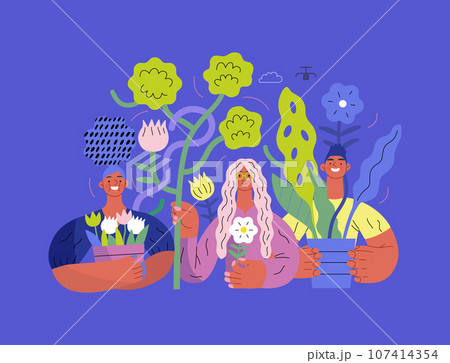 Greenery, ecology -modern flat vector concept illustration of people surrounded by plants and flowers. Metaphor of environmental sustainability and protection, closeness to nature Greenery, ecology -modern flat vector concept illustration of people surrounded by plants and flowers. Metaphor of environmental sustainability and protection, closeness to nature 107414354