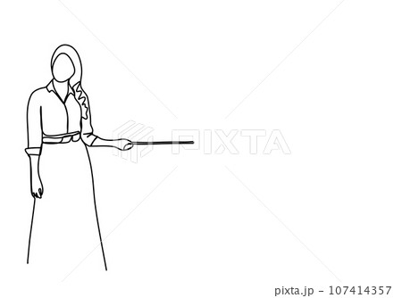 Woman in a business suit with a pointer in her hands stands near the blackboard. One line drawing vector illustration. 107414357