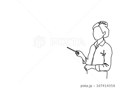 Woman in a business suit with a pointer in her hands stands near the blackboard. One line drawing vector illustration. 107414358