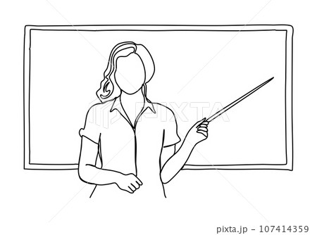 Woman in a business suit with a pointer in her hands stands near the blackboard. One line drawing vector illustration. 107414359