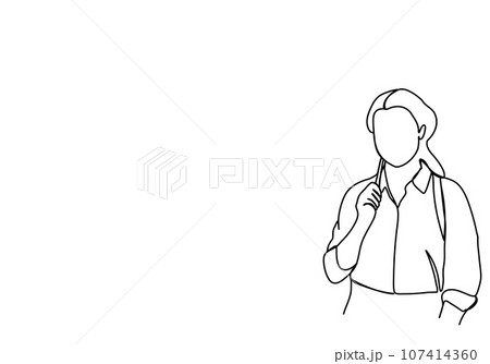 Woman in a business suit with a pointer in her hands stands near the blackboard. One line drawing vector illustration. 107414360