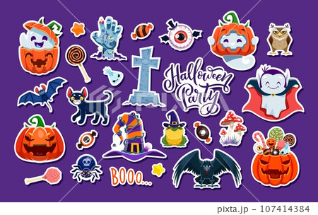 Halloween stickers vector set. Cartoon ghost, pumpkin, zombie hand and eyeball. Owl, candies, bat and black cat. Witch hat, crow, frog and amanita mushrooms. Spider, spook vampire, boo word, tomb Halloween stickers vector set. Cartoon ghost, pumpkin, zombie hand and eyeball. Owl, candies, bat and black cat. Witch hat, crow, frog and amanita mushrooms. Spider, spook vampire, boo word, tomb 107414384