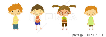 Happy Smiling Children Standing with Friendly Face Vector Set 107414391