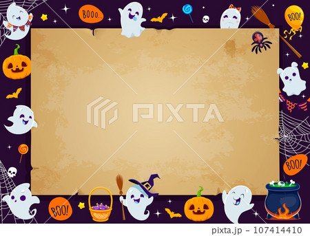 Halloween holiday kawaii ghosts and vintage scroll, vector greeting card. Cute cartoon ghosts and pumpkins monsters characters background frame with bats, spiders, trick or treat candies and cobweb Halloween holiday kawaii ghosts and vintage scroll, vector greeting card. Cute cartoon ghosts and pumpkins monsters characters background frame with bats, spiders, trick or treat candies and cobweb 107414410