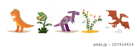 Funny Dinosaur Animal as Prehistoric Wild Beast Vector Set 107414414
